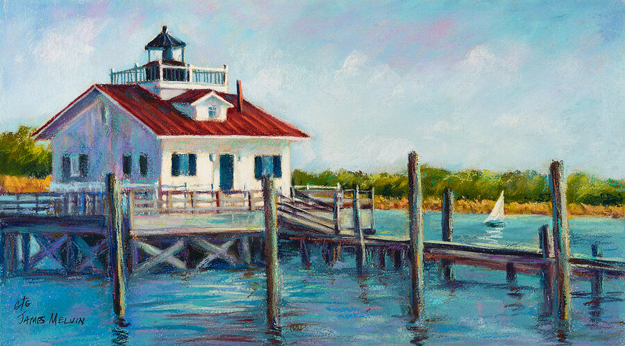 Coastal Art by James Melvin, Roanoke Marshes Light Sailboatt